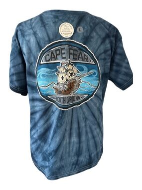 Cape Fear North Carolina Tie-Dye Graphic Souvenir Tee - Pirate Ship Youth L Blue